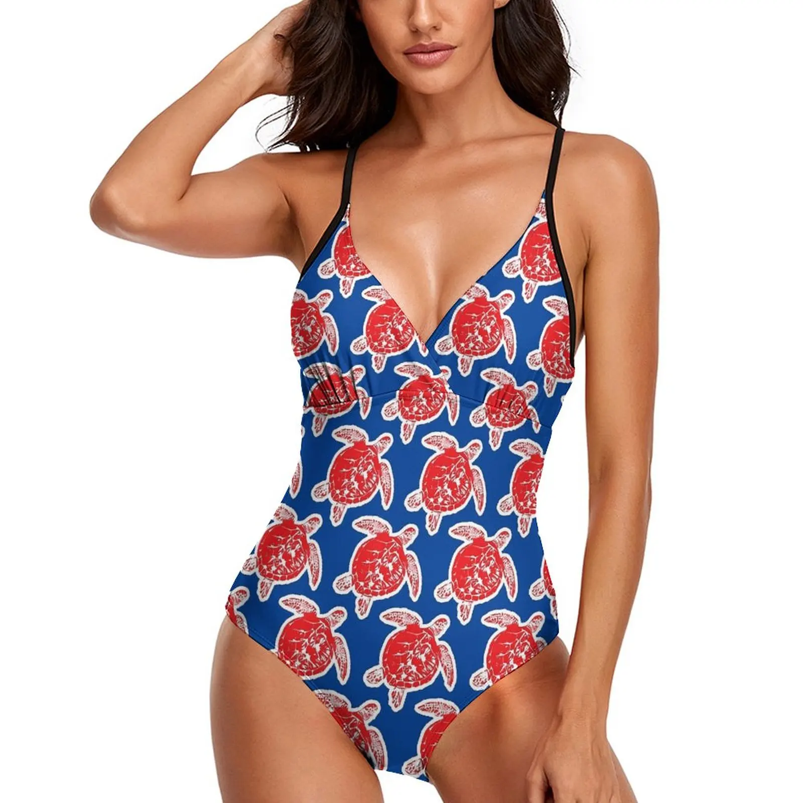 

Sea Turtle Swimsuit Animal Print Stylish Swimwear One-Piece Graphic Bodysuit Female Push Up Bathing Suit Hollow Out Beachwear