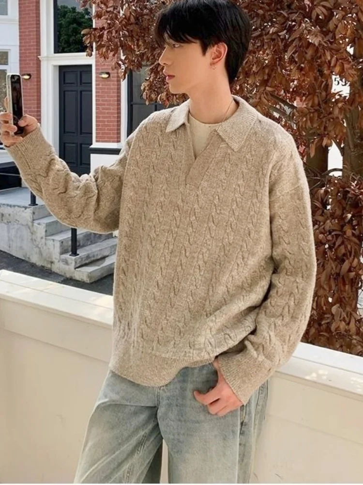 Высококачественный свитер-поло с лацканами рубашки v-образным вырезом свободные