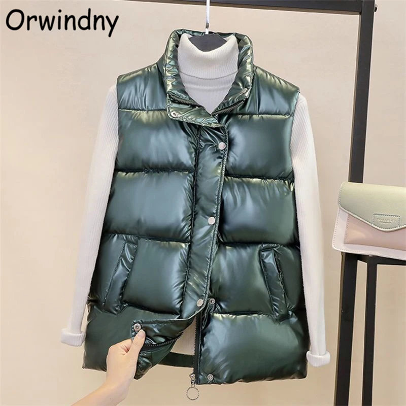 

Глянцевый теплый жилет, женская новая приталенная Модная хлопковая Короткая Безрукавка, зимняя одежда, пальто, безрукавки Orwindny