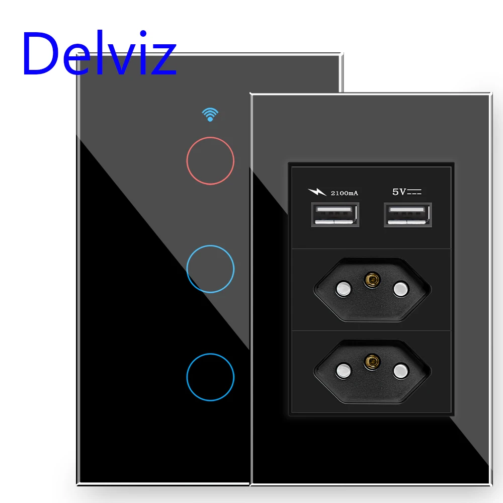 Delviz Brazil USB Wall Socket, 120mm*72mm Panel, AC 110V~250V, 3gangs 3 Pins hole Power Outlet, BR standard Crystal Glass Switch