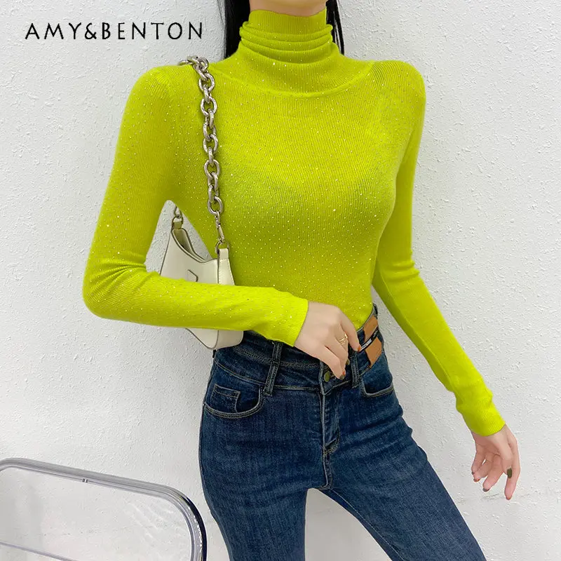 

Свитер с высоким воротником, облегающая верхняя одежда с длинным рукавом, модный вязаный Топ, индивидуальная нижняя рубашка для женщин, трендовая осенне-зимняя одежда