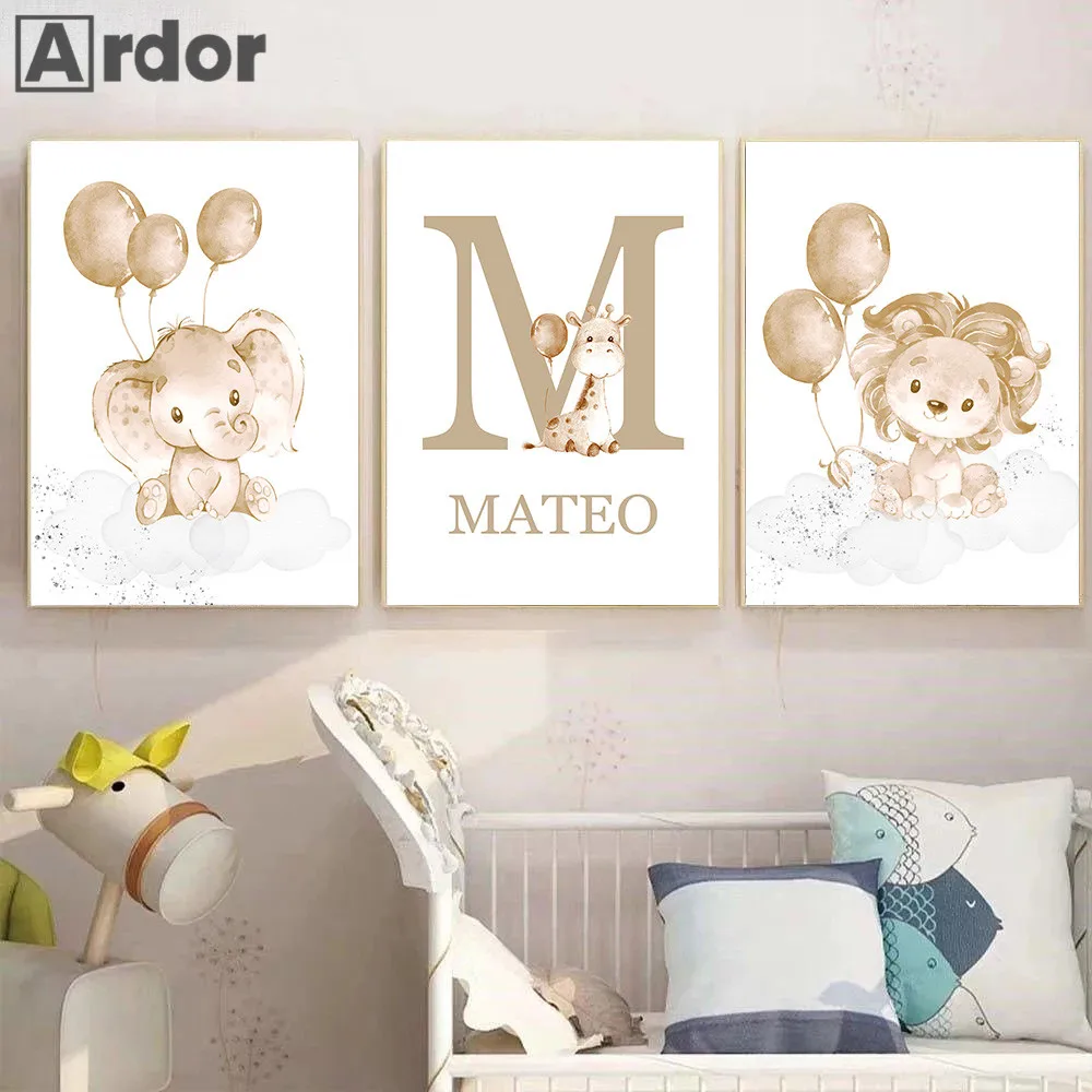 

Beige Custom Name Canvas Painting Nursery Wall Art Print Lion Elephant Poster Nordic Wall Pictures Baby Kids Room Decoration
