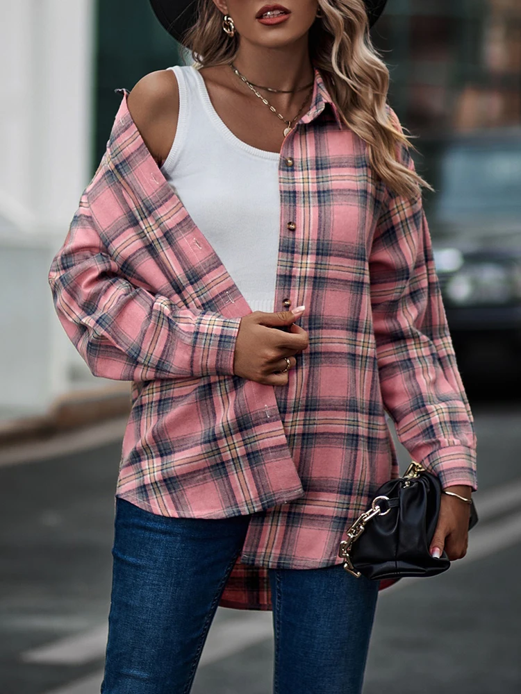 

Classic Women's Plaid Shirt 2023 Autumn Long Sleeve Button Up Loose Blouses Simple Elegant Female Shirts Casual Pink Outerwear