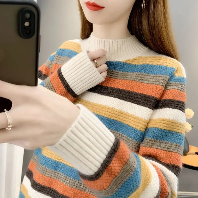 

Ladies Loose Autumn Winter Sweater Women Striped Warm Casual Knit Basic Chic Jumper Pullover Women Sweater Top Female Y03