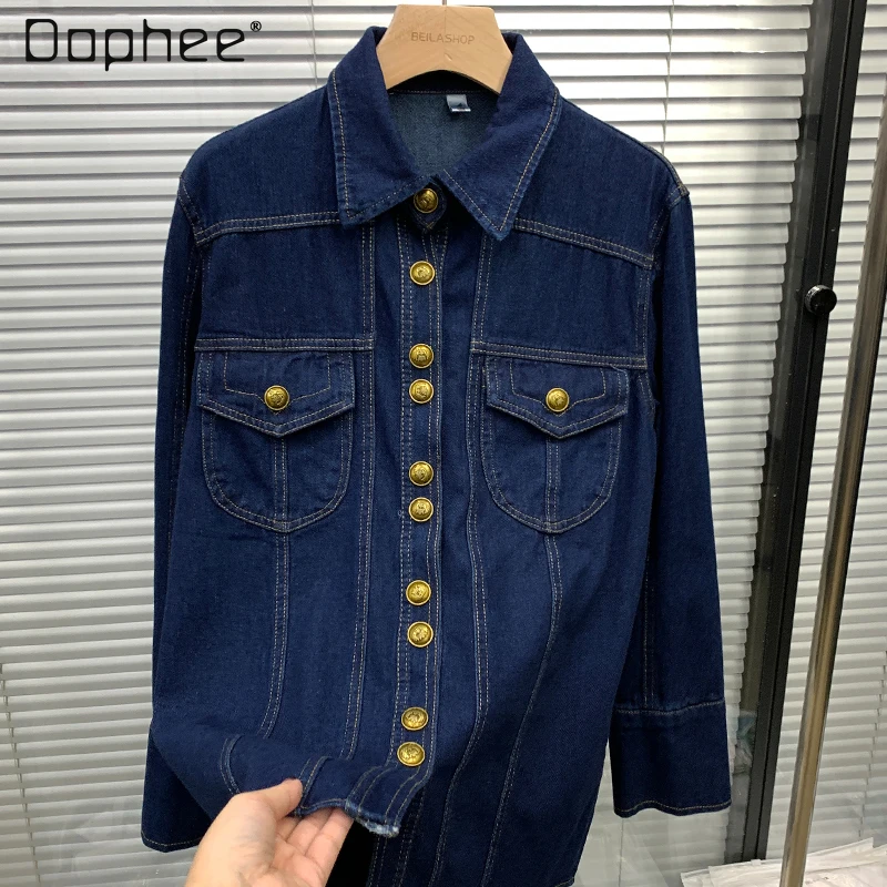 

Retro Women's Long Shirt Sleeve Blue Denim Blouse 2022 Spring Pocket Loose Unique Mid-length Denim Top Dropshipping Blusas Mujer
