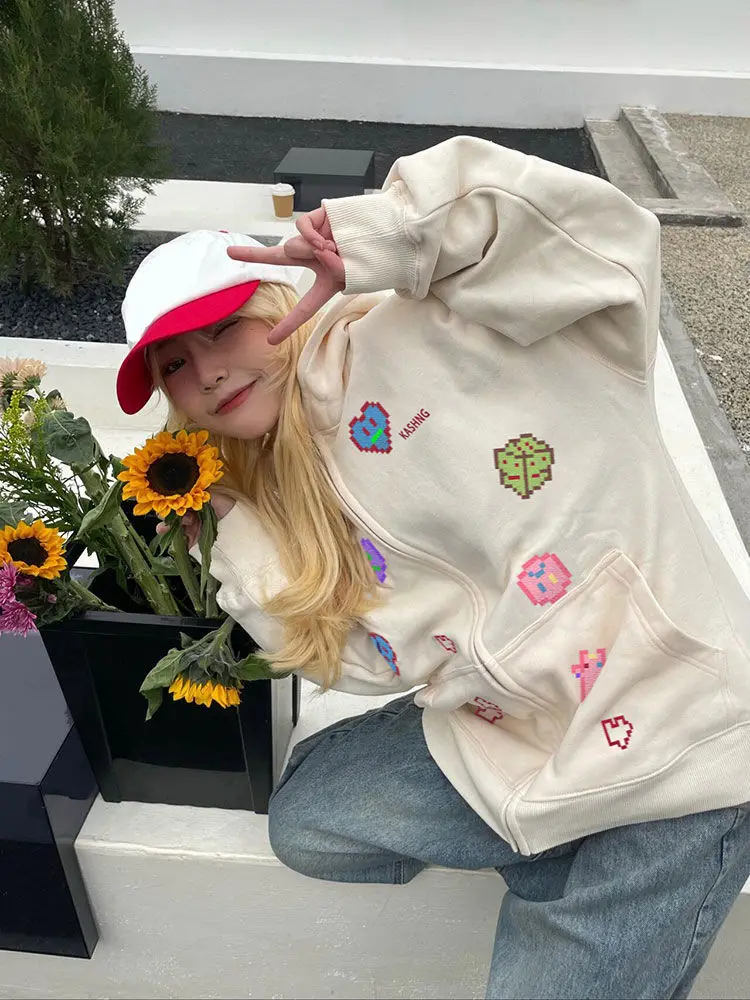 

Heavy Industry Embroidery National Tide Hooded Zipper Sweater Jacket Women's Spring Autumn New American Retro Tide Brand Cardiga