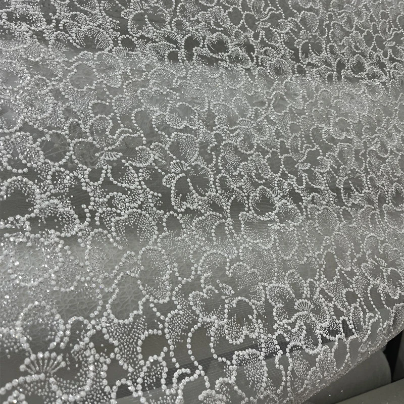 

Sequined Flower White Lace Gauze for Wedding Dress Sewing Glittering Tulle Mesh Cloth By Yard