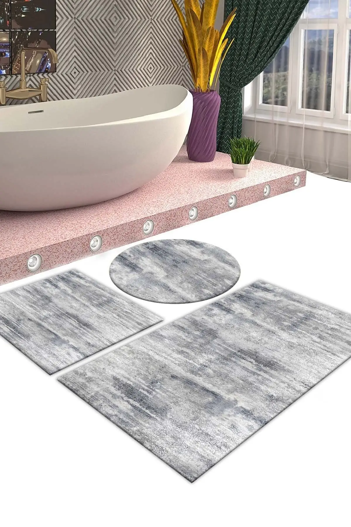 

Non-Slip Base Stained Washable 3-Pack (60x100) 2(50x60) Bath Carpet Bath Mat Toilet Set 2 with Polyester Gray