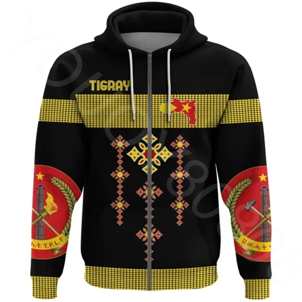 

African Region Country Flag Men's Zip Hoodie Sweatshirt Casual Loose Hoodie - Tigray Circle Pattern Logo Black Zip Hoodie New 20