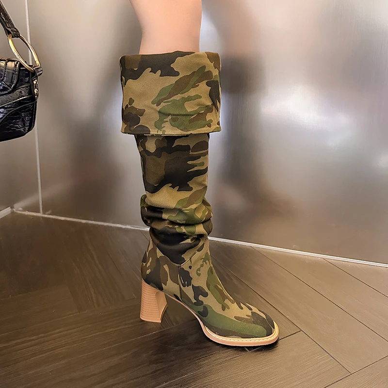 

Heihaian Boots 2023 Fall New European And American Style Commuter Over Knee Boots Camo Denim Pleated Boots For Women 34-42