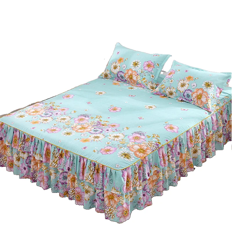 

3pcs Floral Bedspread Bed Skirt Non-slip Fitted Sheet Cover Graceful Double Lace Home Textile Cover + Pillowcase