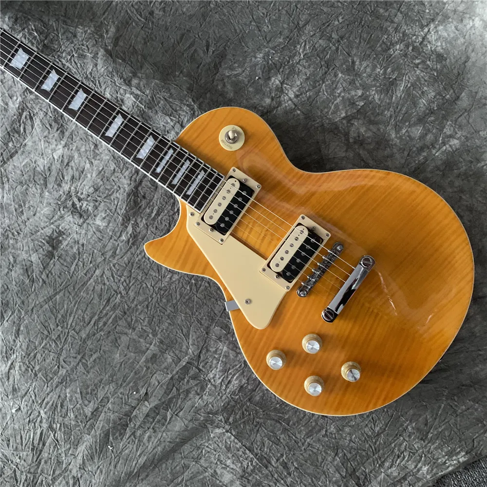 

Left Hand Tiger Flame top Electric guitar,Orange color gitaar,Golden hardware.Mahogany body guitarra.musical instruments