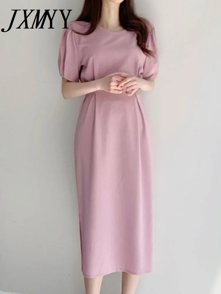 

JXMYY 2022 Puff Sleeves Solid Color Thin Short Sleeve Dress Spring and Autumn New Round Neck Side Slit Slim Long Skirt