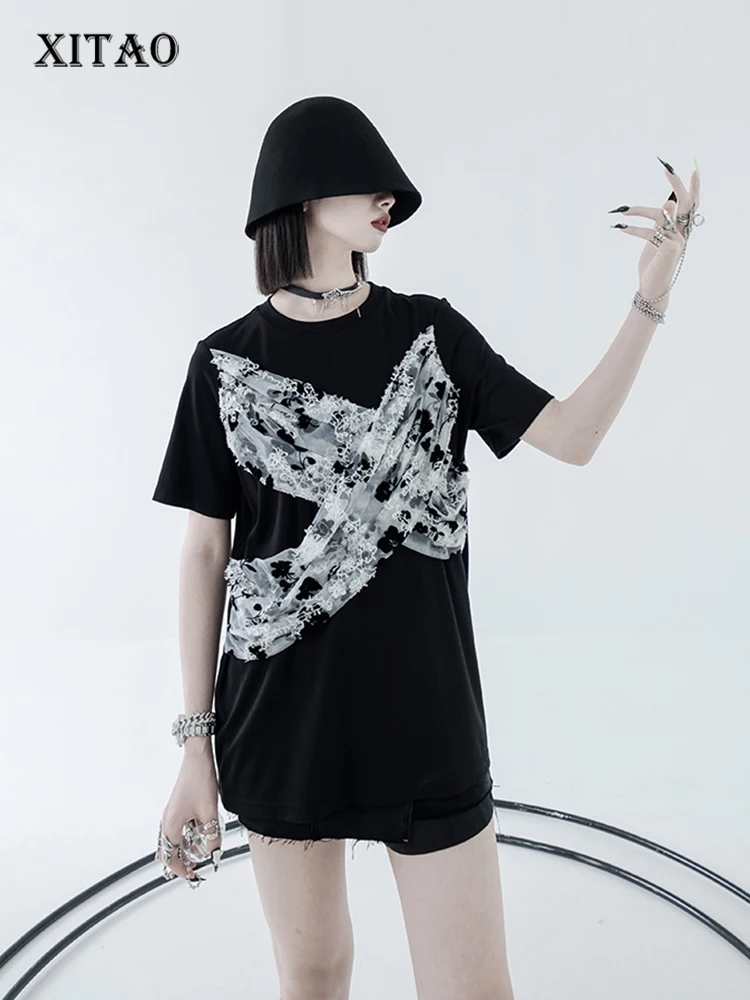 

XITAO Casual T-shirt Mesh Yarn Flocking Hook Flower Splicing Contrast Color Decorate Women Top Summer New Loose All-match ZY7100