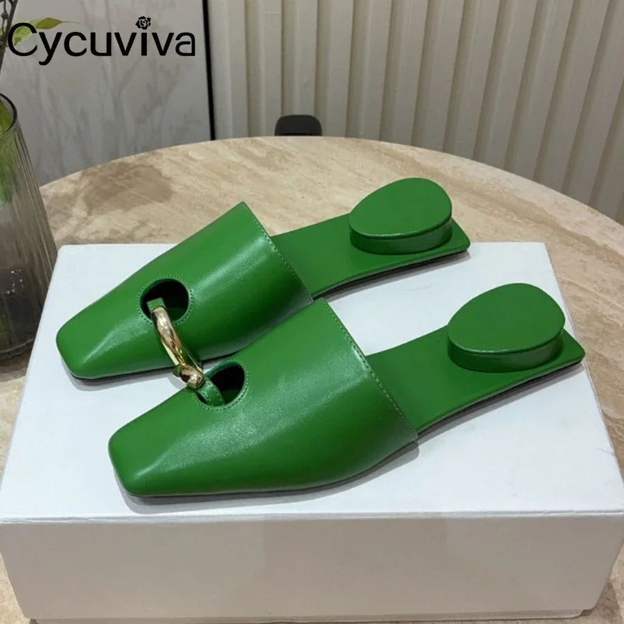 Женские шлепанцы из натуральной кожи на низком каблуке с квадратным носком