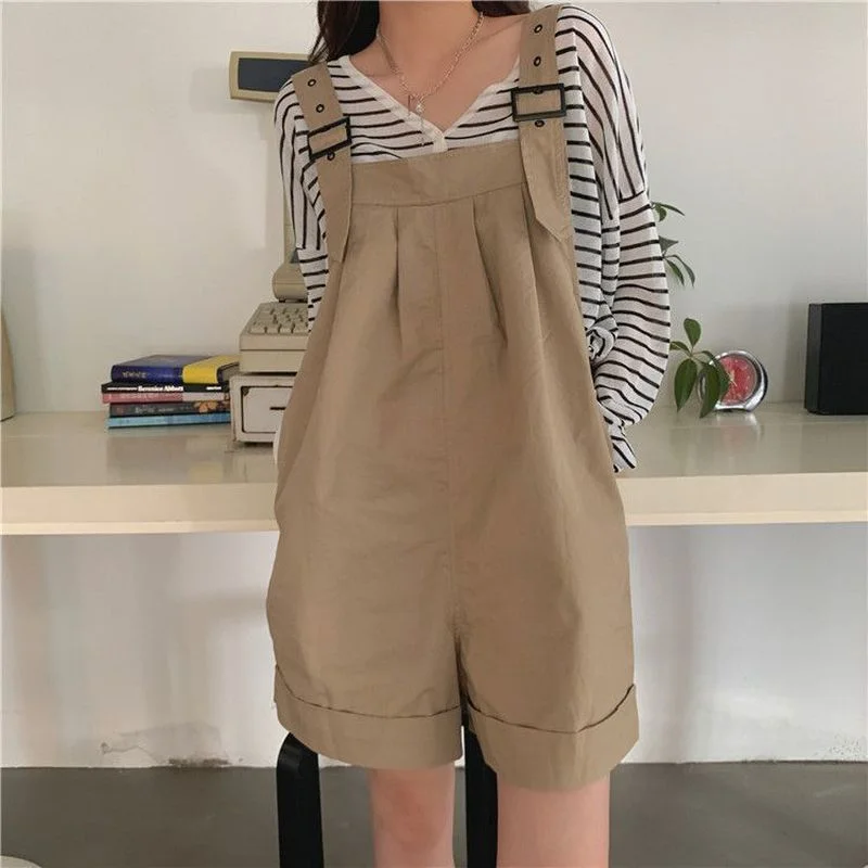 

Japanese Cargo Overalls Women's Summer New Solid Shorts Pants Wide Leg Curly Casual Overalls Shorts Cute Thin Loose Jumpsuit