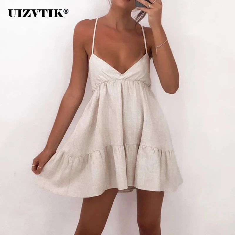 

Женское повседневное мини-платье из хлопка и льна на бретелях-спагетти, привлекательное пляжное праздничное платье-трапеция с глубоким V-об...