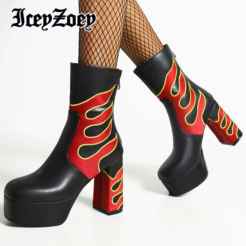 

IceyZoey Size 35-43 Women Boots Winter Round Toe Punk Boots High Heel Mix Color Ankle Boots Cosplay Party Female Shoes Footwear