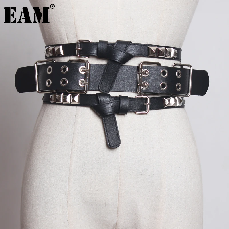 [EAM]  Pu Leather Black Buckle Irregular Rivet Wide Belt Personality Women New Fashion All-match Spring Autumn 2023 1DF209201