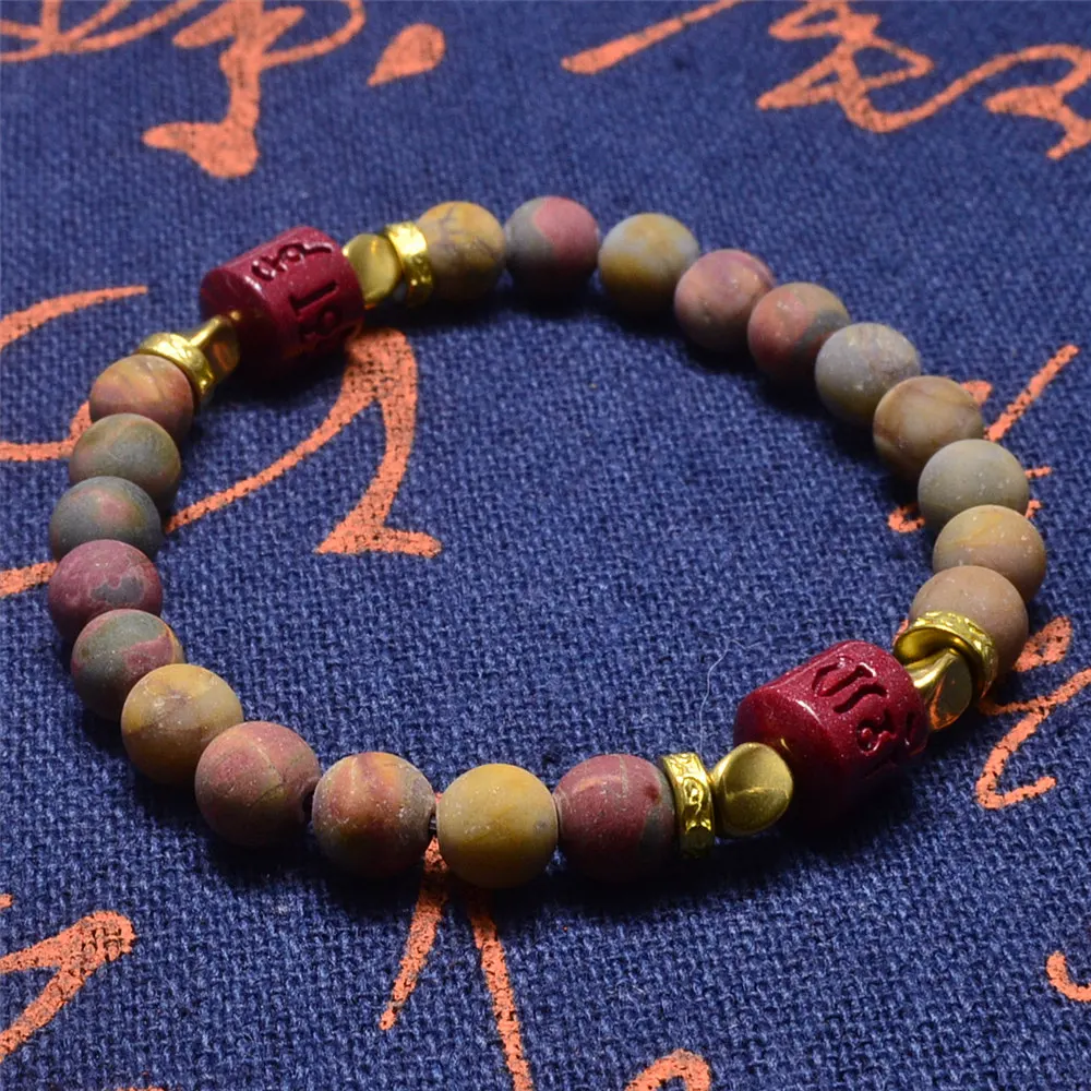 

Tibetan Buddhism Cinnabar Six Words Mantra Picasso Stone Beaded Bracelet Handmade Buddha Lucky Amulet Women Bracelet 6mm