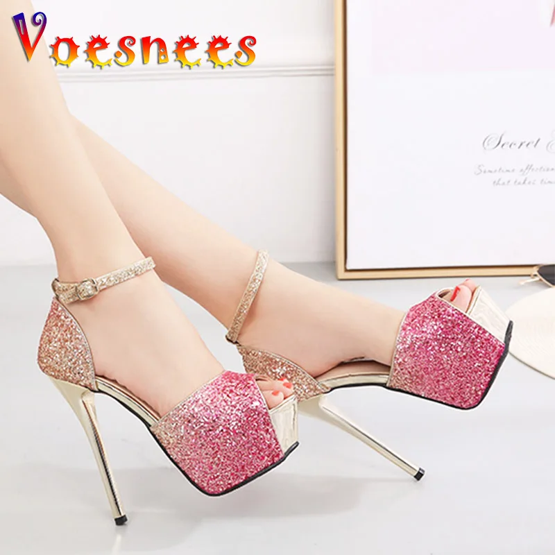 

Summer Fashion Sequined Shoes For Women Gradient Color Sandals Buckle Wedding Dress High Heels 14CM Thick Platform Party Pumps