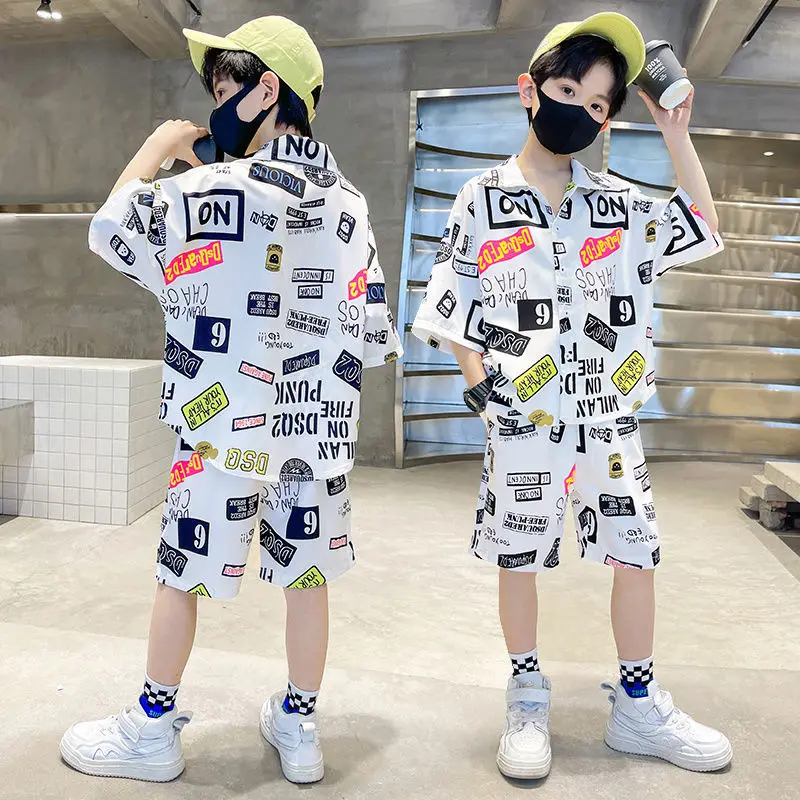 

2023 Korean New Teens Boys Clothes Set Letter Short Sleeve Shirt +Short Pants Summer Kid Sports Suit Children Clothing Outfits