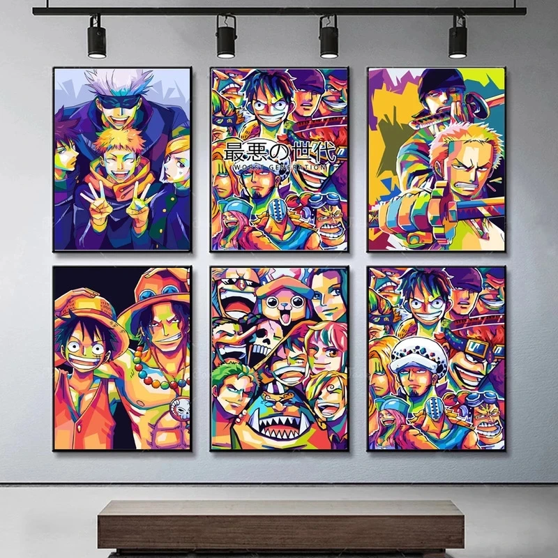 

Anime One Piece Posters Wall Art Home Decor Straw Hat Pirates Prints Hunter x Hunter Modular Pictures Watercolor Canvas Painting