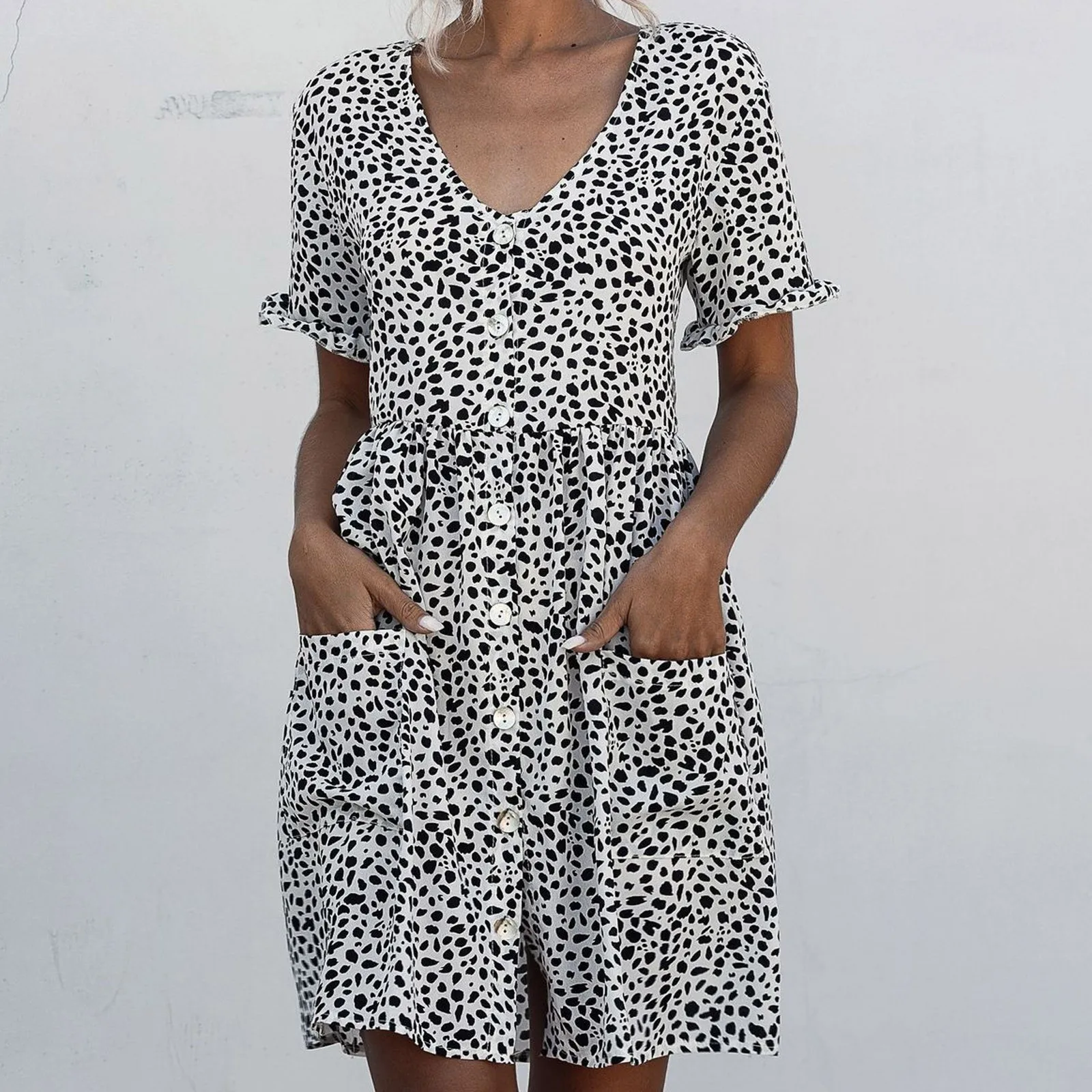 

2023 New Summer Polka Dot Print Pocket Summer Dress Short Buttoned 2023 Women's Vintage V-neck Dresses Vestidos Mujer Robes