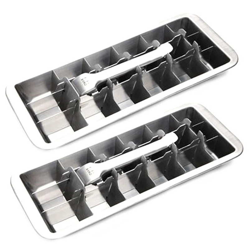 

2X Lever-Style Ice Tray, 2 In 1 Stainless Steel Ice Making Mold And Ice Cracker