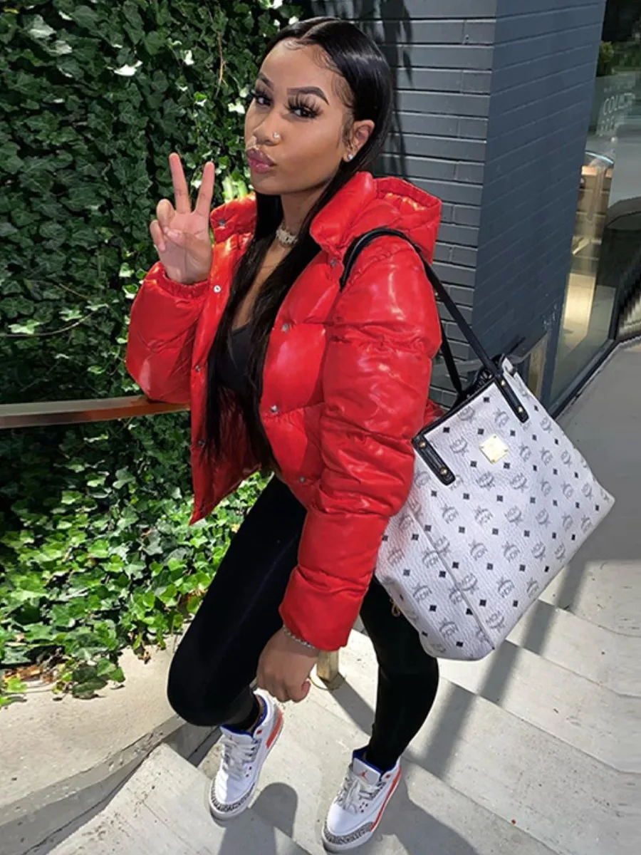 LW Plus Size Hooded Collar Puffer Jacket Fashion Down Jackets For Women Hooded Collar Long Sleeve Solid Minimalist Casual Puffer