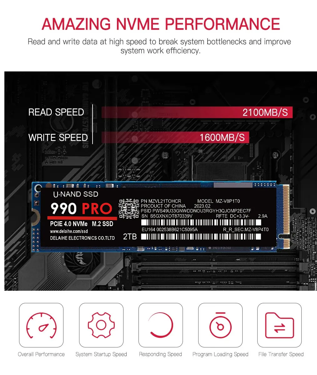 SSD высокоскоростной 990 PRO PCIe 4.0 NVMe M.2 2280 1 ТБ 2 4 Внутренний твердотельный жесткий