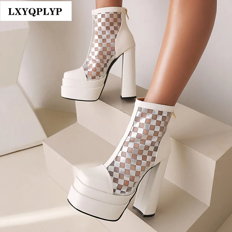 

Super High Heel Waterproof Thick Bottom Hollow Sexy Fashion Nightclub Banquet Trend Spring and Summer New Leather Women's Boots
