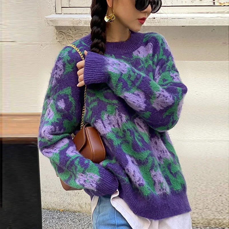 

Retro Jacquard Contrast Color Autumn and Winter Casual Mohair Knitted Sweater Soft Crew Neck Pullover Women's Lazy style OL