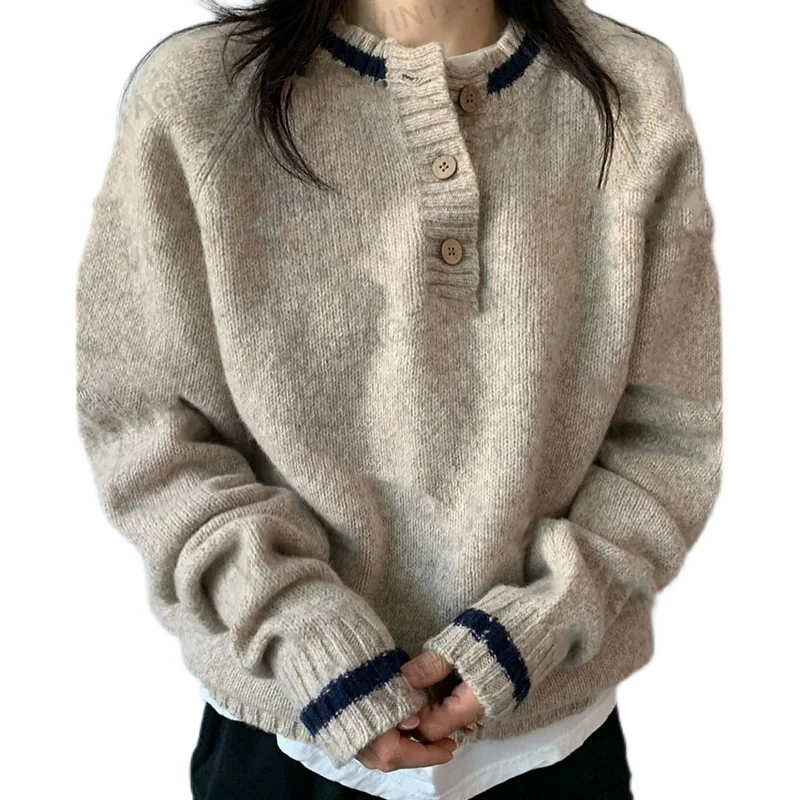 Retro Light Khaki Sweater Women's Autumn and Winter Loose Outer Wear Simple All-Matching