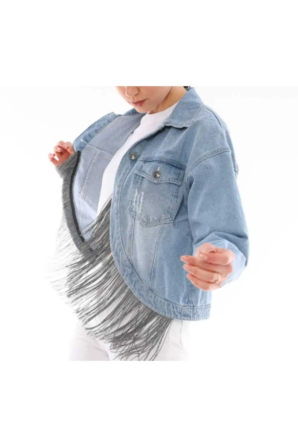 

Женская модная джинсовая куртка, пальто, джинсовая куртка с синими кисточками