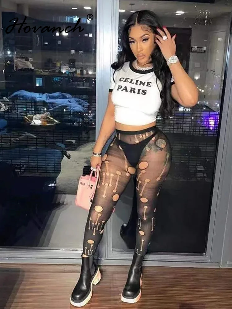 

Hovanch Black High Waist Elastic Mesh Hole Perspective Punk Rock Tight Women's Pants 2022 Summer Party Club Style