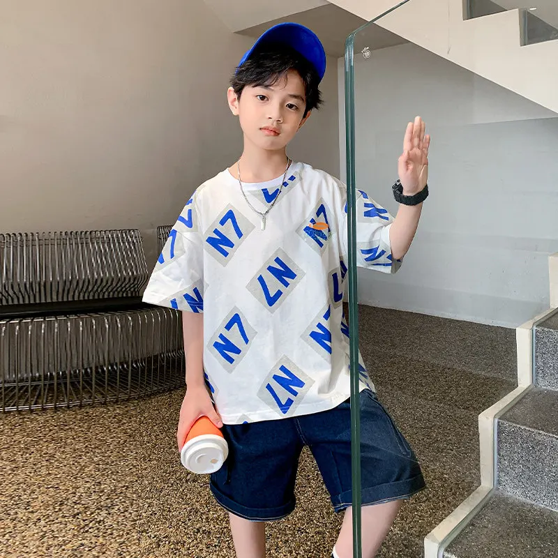 Teen Boys New Letter Clothing Sets Summer Cotton Casual 3 Color T-Shirts And Denim Shorts Cool Two-Pieces Children Outfits Suit