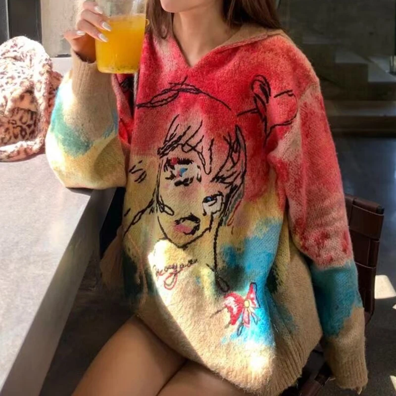 Красочный женский пуловер с капюшоном вязаный свитер граффити красивый для