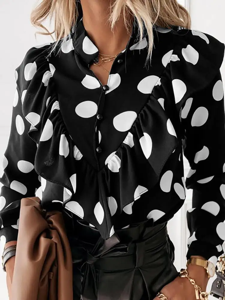 

Осенняя блузка с длинным рукавом элегантные топы с оборками ZANZEA Модные женские винтажные рубашки в горошек с принтом повседневные свободные блузы для женщин