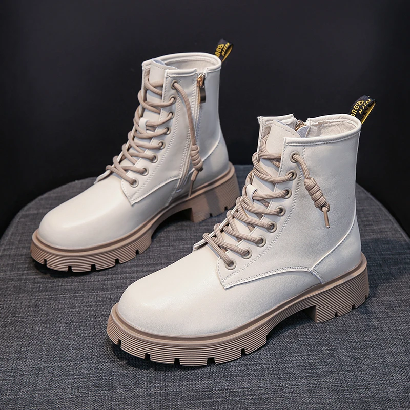 Beige Combat Boots For Women Platform Motorcycle Boots 2022 New Fashion Lace Up PU Leather Short Ankle Boots Female Designer
