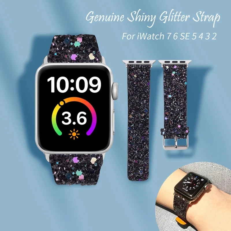 

Leather Band for Apple Watch 38mm 40mm Women Bling Diamond 42 41mm 44 45mm Genuine Shiny Glitter Strap IWatch Series 7 6 5 4 3 2
