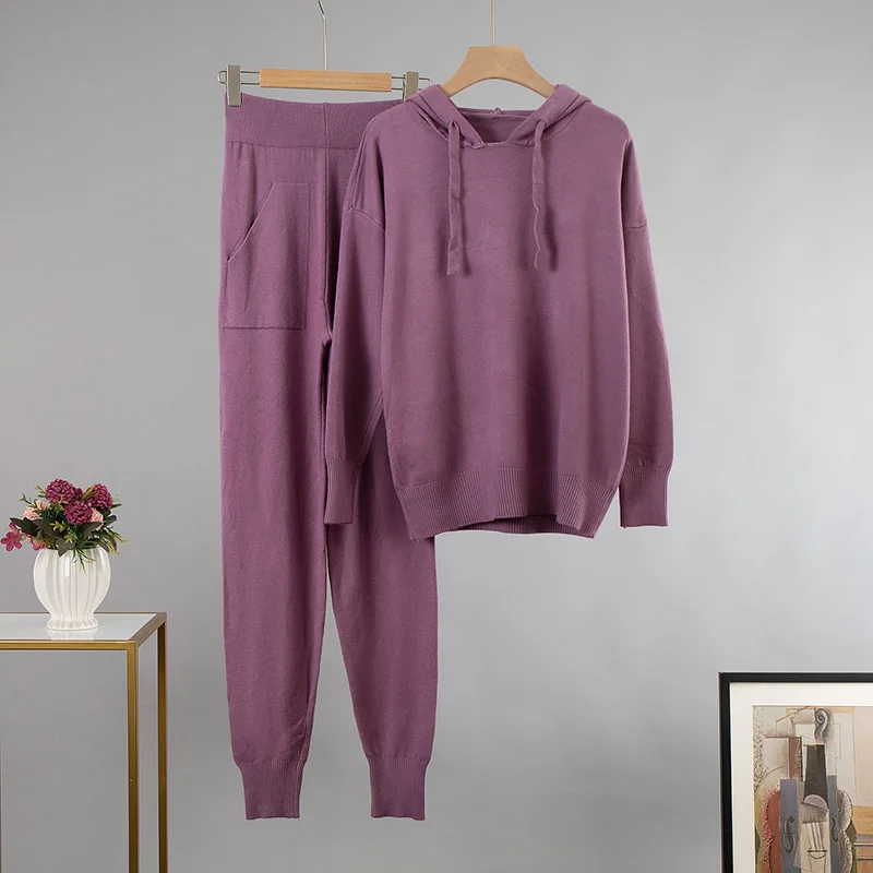 

Women Knitted 2 Pieces Sets 2022 Autumn Winter Long Sleeve Hooded Sweater and High Waist Pencil Pants Suits Casual Tracksuit