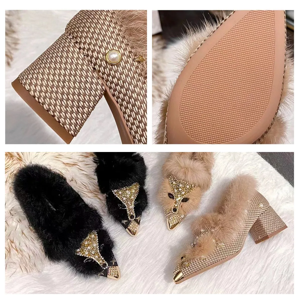 Women's plush shoes for winter wear plush 2023 Autumn and Winter New style pointed luxury design sense Small crowd medium heel h