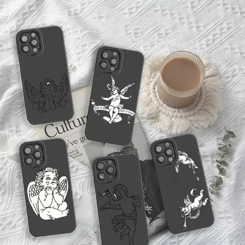 

Cute Angel Cupid Simple lines Phone Case For iPhone 13 12 11 Pro MAX Mini X XS XR 7 8 Plus Camera Lens Liquid Silicone
