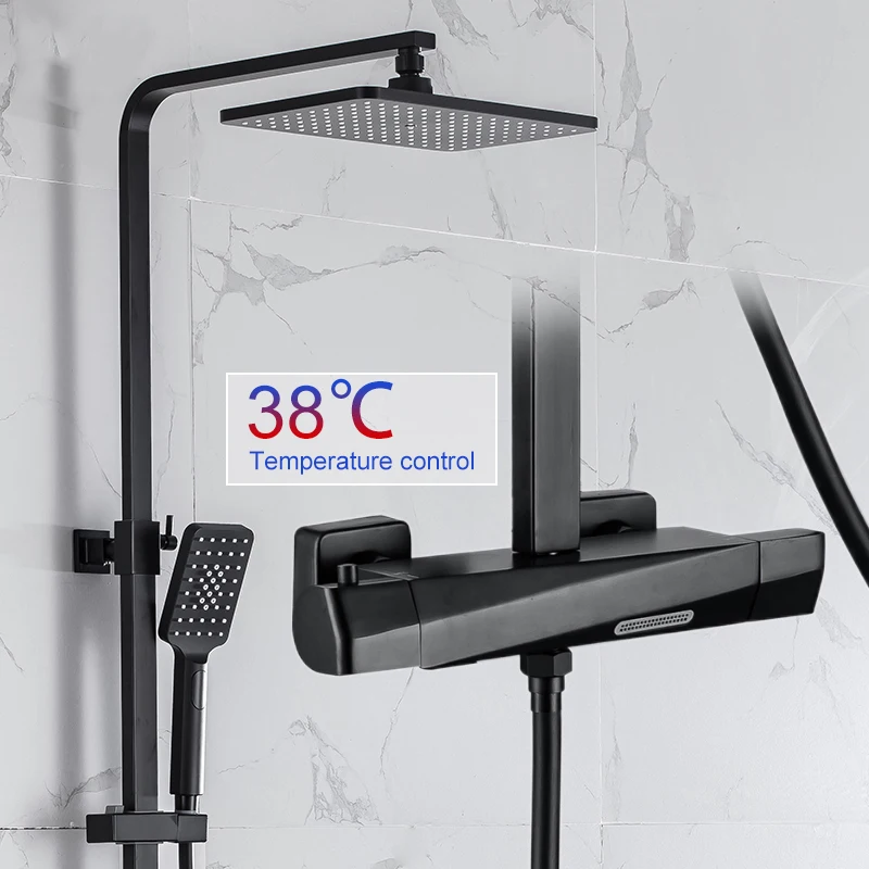 

Black Thermostatic Shower Faucets Sets Water Bathroom Mixer Waterfall Faucet Rainfall Shower Systems Thermostat Tap