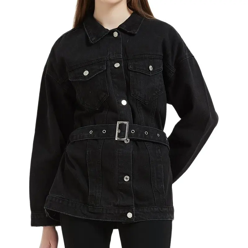 

2023 Streetwear Women Washed Denim Jacket Spring Autumn Female Single Breasted Belt Black Jeans Top Straight Loose Coats Outwear