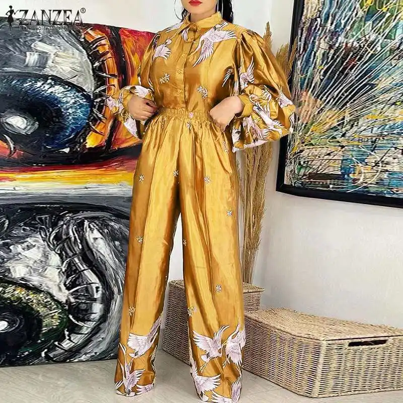 

Women Vintage Printed Matching Sets 2022 Fashion Office Lady Pant Sets Suits ZANZEA Oversized Puff Sleeve Shirts Wide Leg Pants
