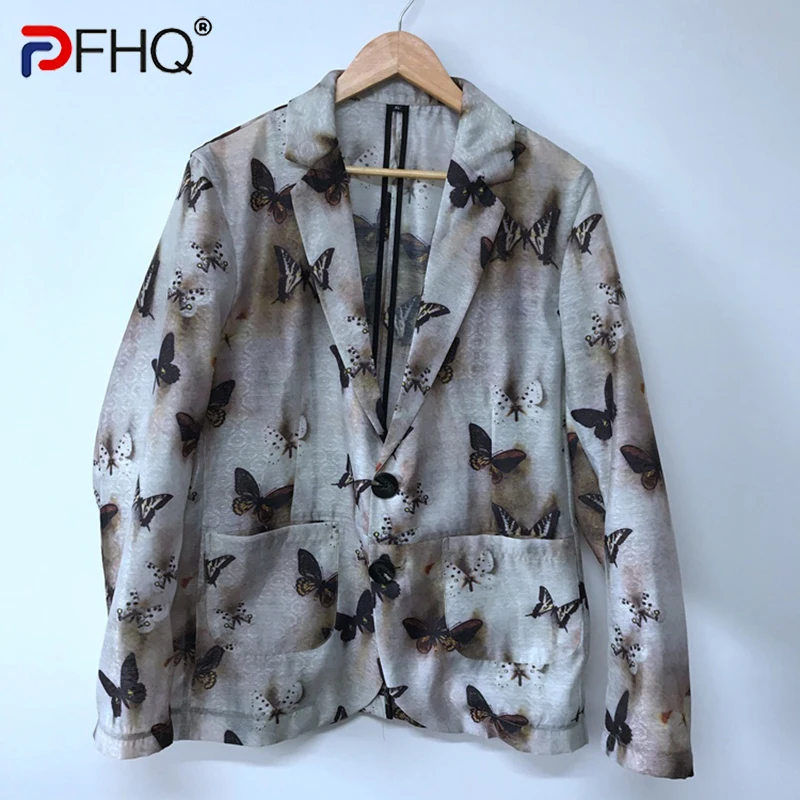 

PFHQ Printed Organza Fashion Blazers Men's Personality Casual Creativity Delicacy Loose Light Luxury Haute Qualite Suit 21Z1595