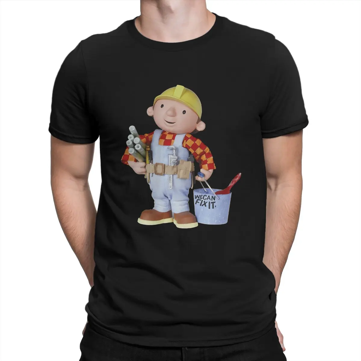 

Vintage Fix it T-Shirts for Men Crewneck Cotton T Shirts Bob The Builder Engineering Cartoon Short Sleeve Tees Printed Clothing
