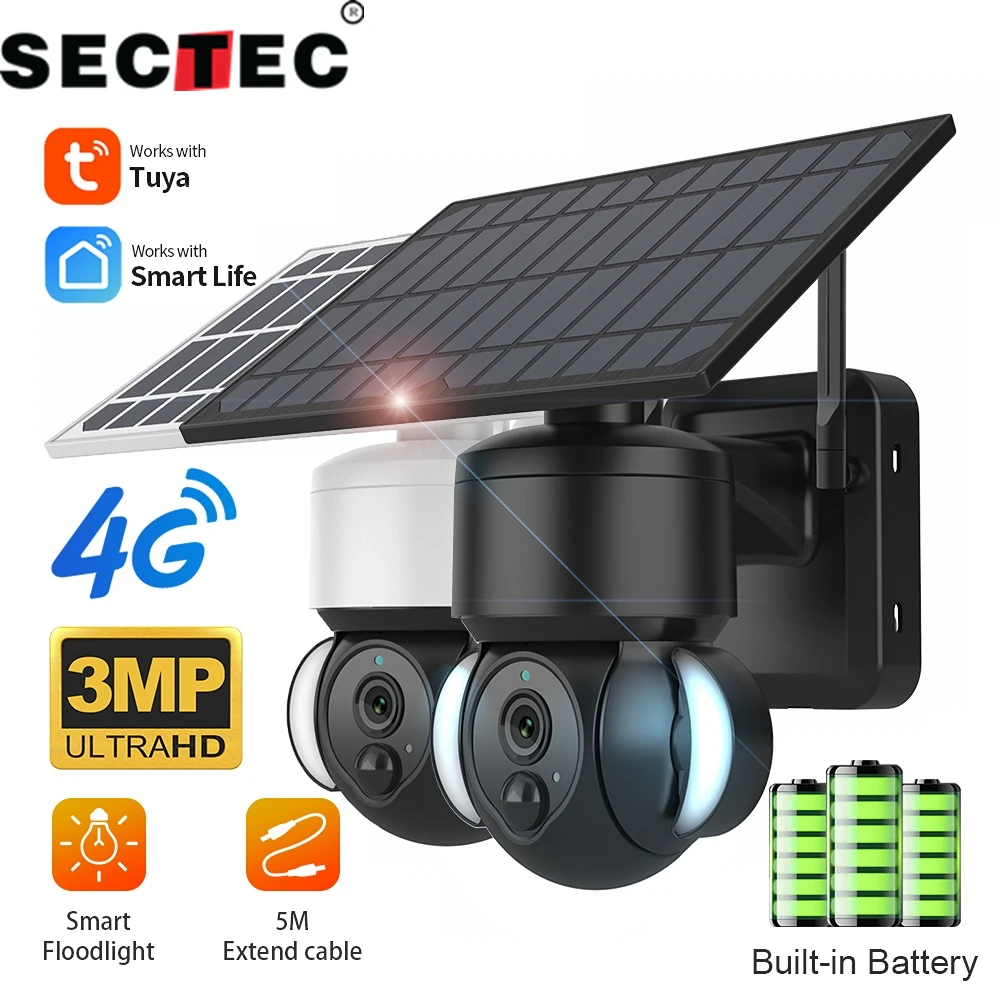 

SECTEC 4G SIM с Tuya домашняя беспроводная охранная Солнечная камера Встроенная батарея 3MP умный прожектор видеонаблюдение